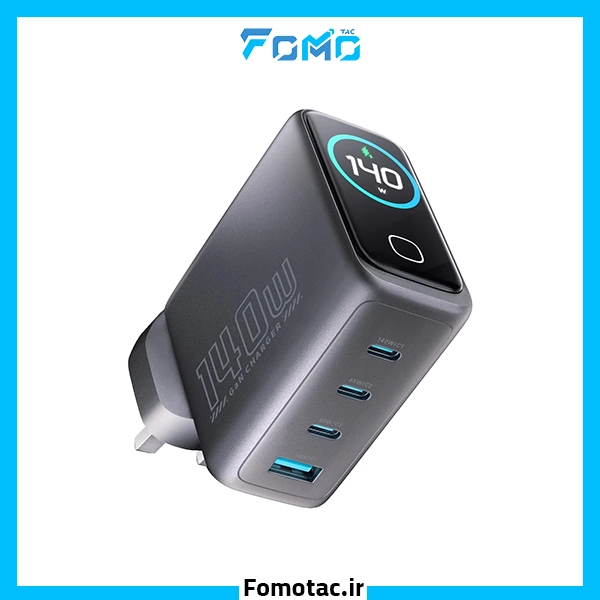 Powerology PD140W 4-Port GaN Charger with TFT Display|آداپتور شارژ سریع 140W پاورولوژی (Powerology)مدل GaN - چهار پورت