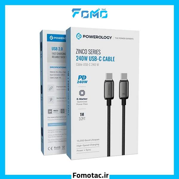Powerology USB-C to USB-C Zinco Series PD60W 1M Cable|کابل USB-C به USB-C پاورولوژی(Powerology) مدل Zinco Series - یک متر